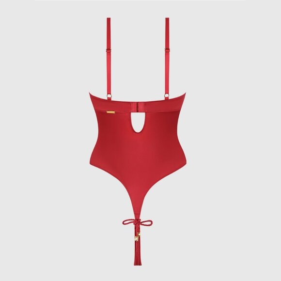 House of Desire Satin BDSM Inspired Shibari Rope Crotchless Teddy, Crimson Red - Picture 4 of 5